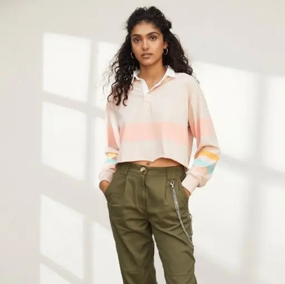 AE Studio American Eagle Crop Polo Long Sleeve Shirt Striped Size Small - Picture 2 of 14